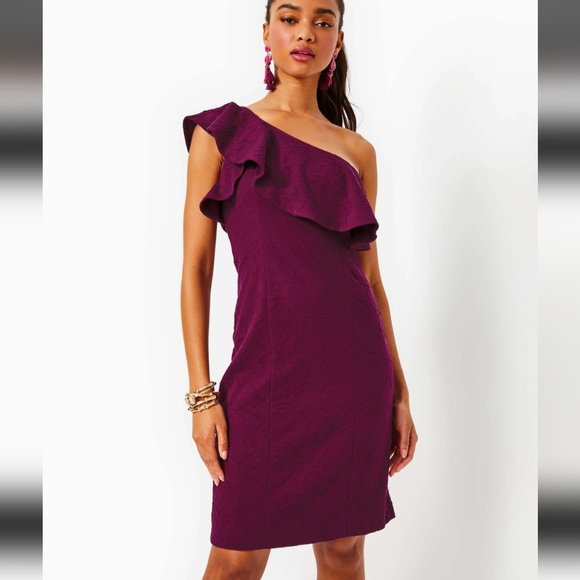 NWT LILLY PULITZER BORDEAUX ONE SHOULDER DRESS IN AMARENA CHERRY SIZE 12 $198 - Picture 4 of 11